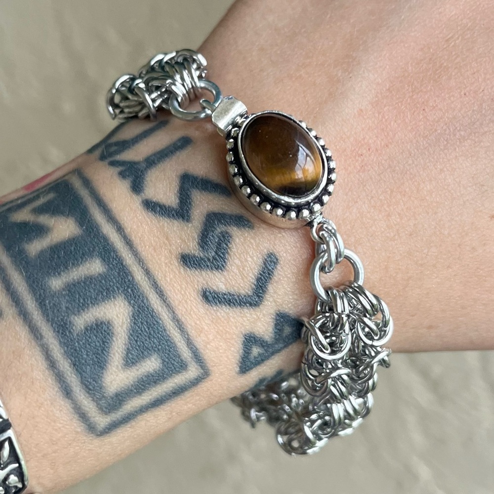 Maille stainless steel tiger eye bracelet . Handmade chain link - Picture 14 of 16